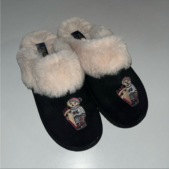 Polo by Ralph Lauren Black and Cream Faux Fur Polo Bear Skii Bear Slippers - Picture 1 of 5
